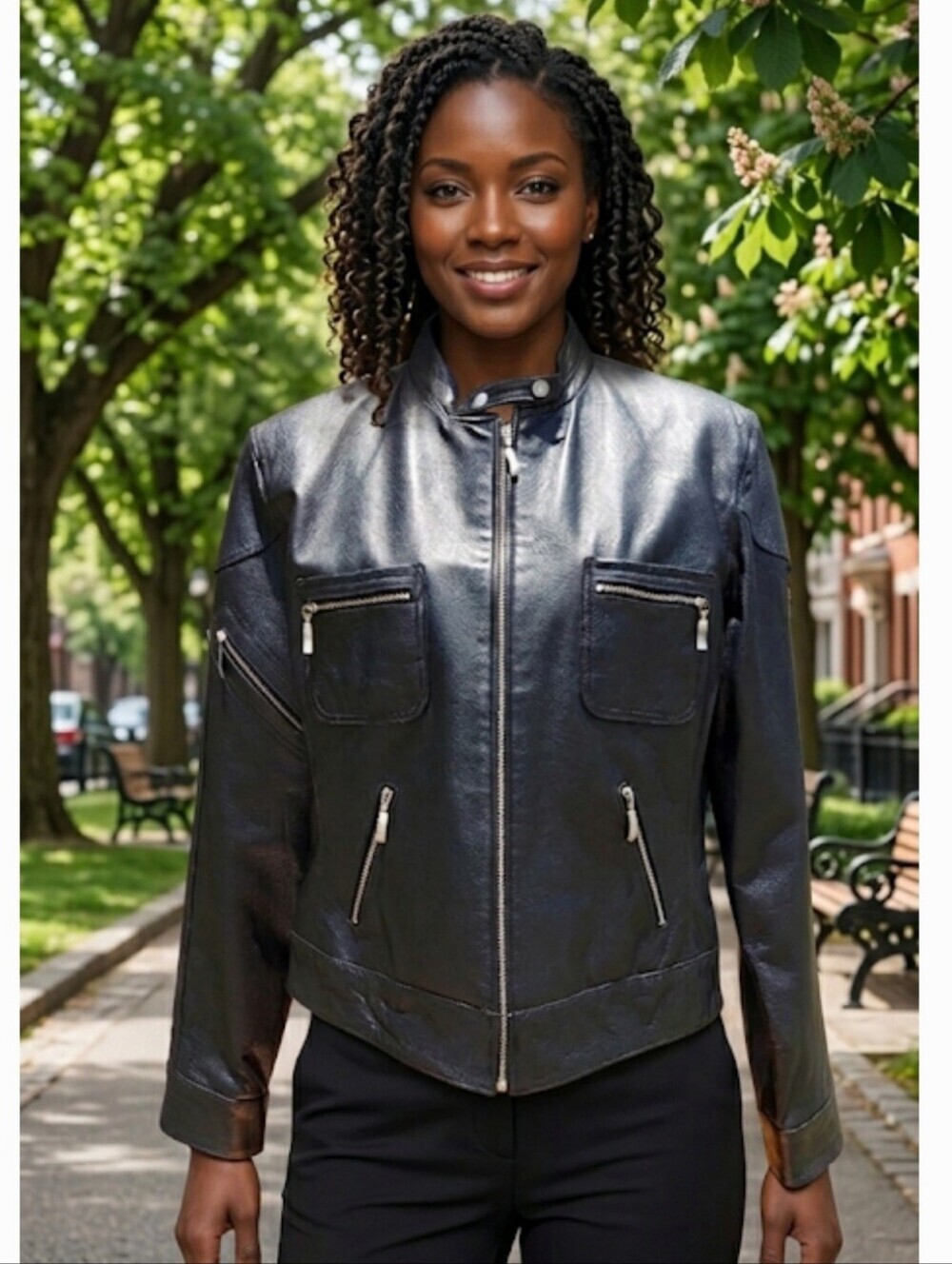 Clio Black Leather Three-Button Blazer Jacket